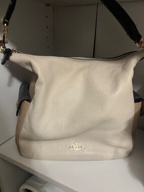 Coach Cream, Tan & Black Pebbled Leather Hobo with Gold Hardware